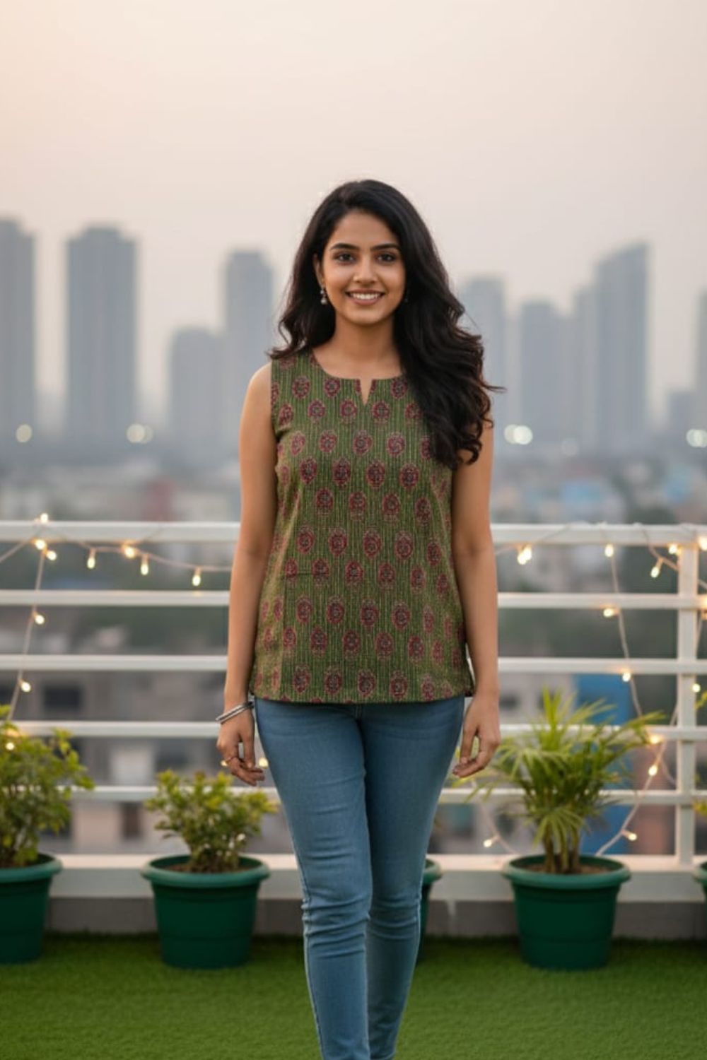 Women’s Cotton Blend Ethnic Top – Regular Fit Sleeveless Printed Top with Round V-Neck | Stylish Everyday Wear Top - Bottle Green - OF15