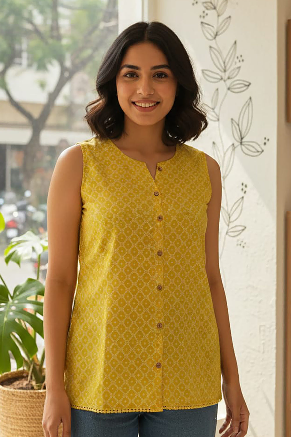 Women’s Cotton Blend Ethnic Top – Regular Fit Sleeveless Printed Top with Round V-Neck | Stylish Everyday Wear Top - Yellow - OF16