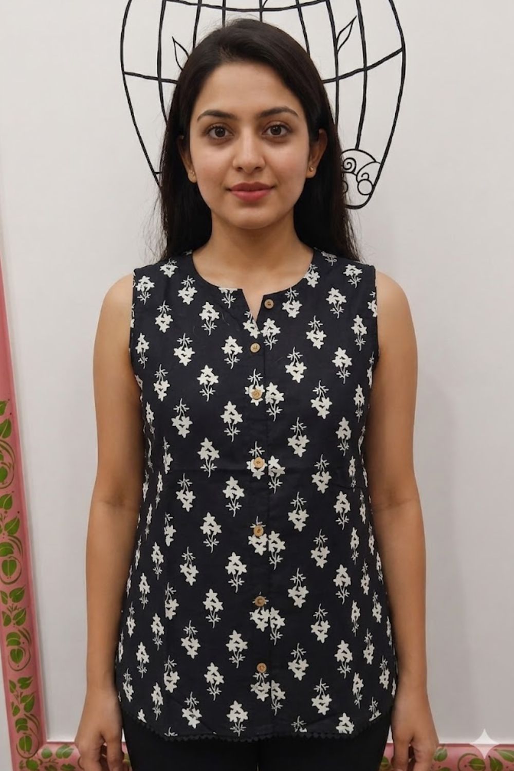 Women’s Cotton Blend Ethnic Top – Regular Fit Sleeveless Printed Top with Round V-Neck | Stylish Everyday Wear Top - Navy - OF17