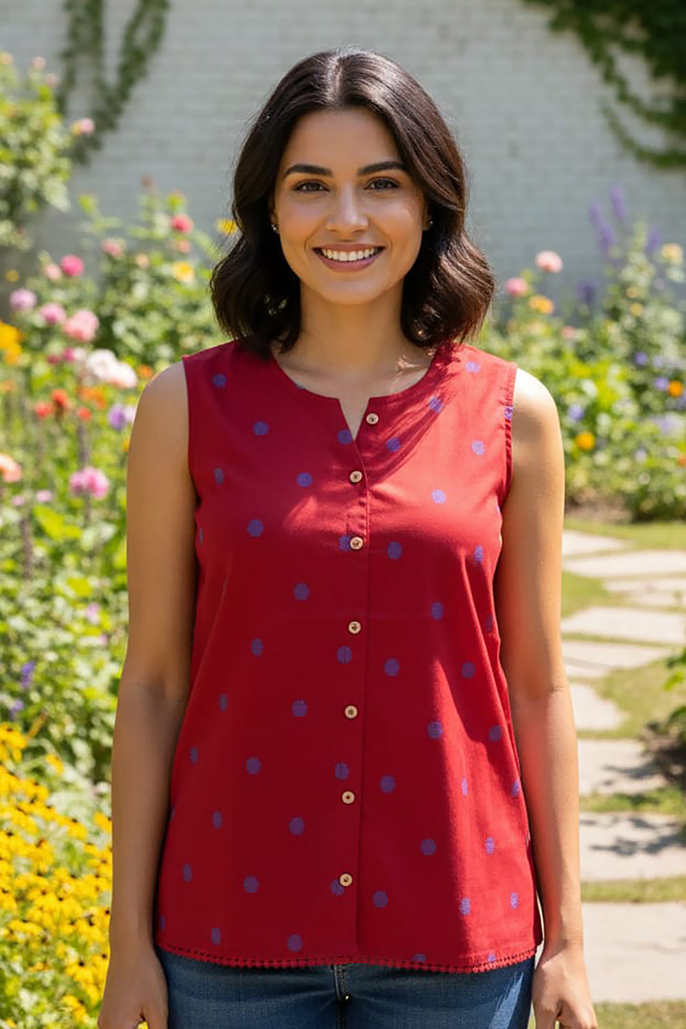 Women’s Cotton Blend Ethnic Top – Regular Fit Sleeveless Printed Top with Round V-Neck | Stylish Everyday Wear Top - Multi - OF20