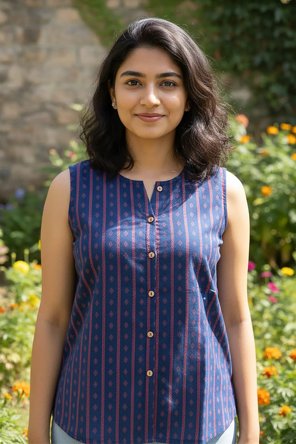 Women’s Cotton Blend Ethnic Top – Regular Fit Sleeveless Printed Top with Round V-Neck | Stylish Everyday Wear Top - Navy - OF21