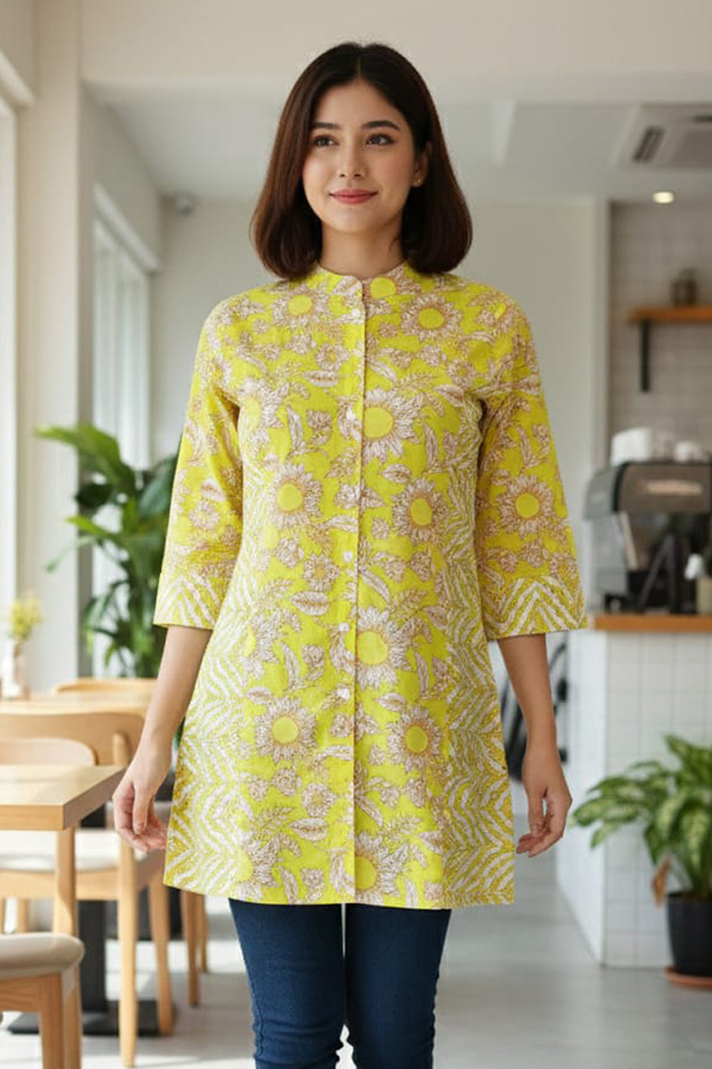 Women’s Cotton Blend Ethnic Top – Regular Fit Printed Top with Round V-Neck & 3/4 Sleeves | Stylish Everyday Wear - Yellow - OF22