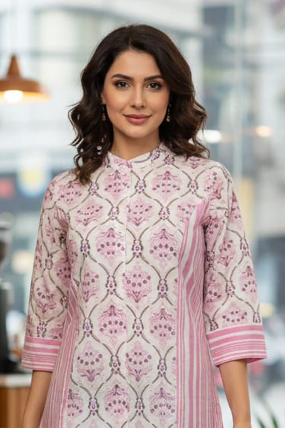 Women’s Cotton Blend Ethnic Top – Regular Fit Printed Top with Round V-Neck & 3/4 Sleeves | Stylish Everyday Wear - Light Pink - OF24