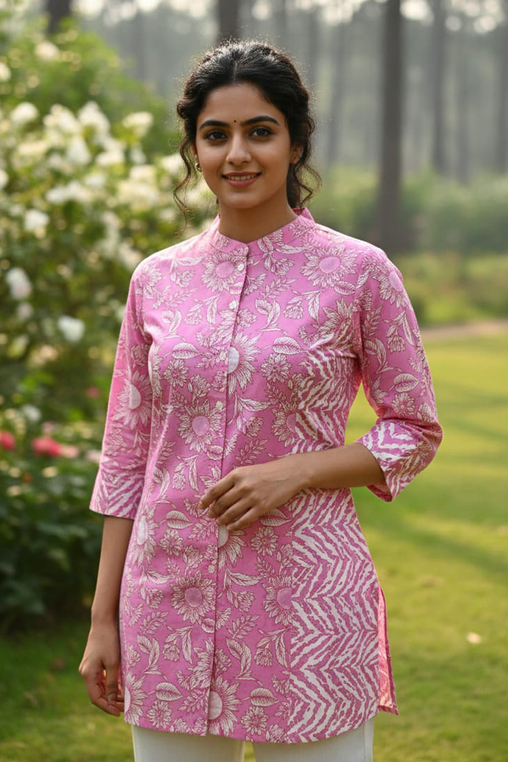 Women’s Cotton Blend Ethnic Top – Regular Fit Printed Top with Round V-Neck & 3/4 Sleeves | Stylish Everyday Wear - Pink - OF25