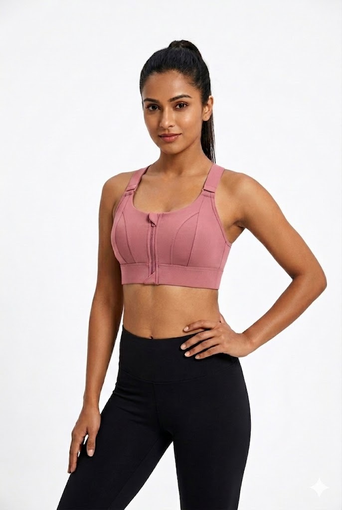 High Support Sports Bra for Women – Front Zip Adjustable Strap Workout Padded Bra with Velcro Straps & Underband | Gym, Running & Training Bra - 0839