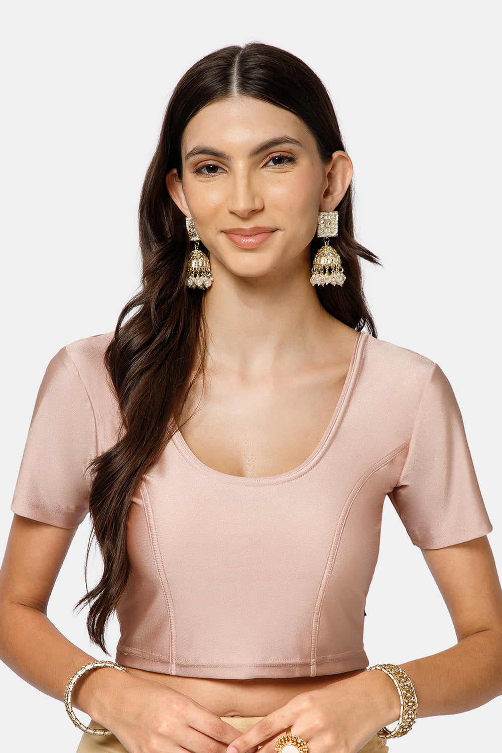 Naidu Hall Women’s Shimmer Knitted Saree Blouse | Silk Blend Round Neck Short Sleeve Ready to Wear Blouse | Regular Fit Solid Stretch Blouse for Sarees - Onion Shimmer
