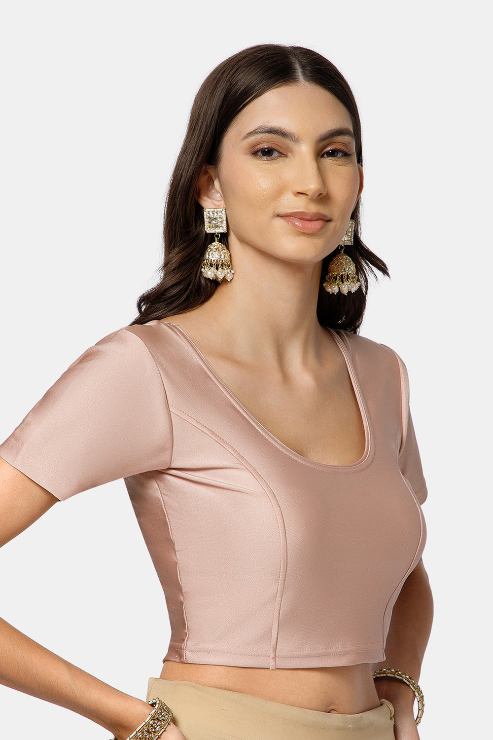 Naidu Hall Women’s Shimmer Knitted Saree Blouse | Silk Blend Round Neck Short Sleeve Ready to Wear Blouse | Regular Fit Solid Stretch Blouse for Sarees - Onion Shimmer