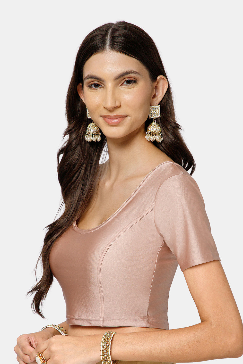 Naidu Hall Women’s Shimmer Knitted Saree Blouse | Silk Blend Round Neck Short Sleeve Ready to Wear Blouse | Regular Fit Solid Stretch Blouse for Sarees - Onion Shimmer