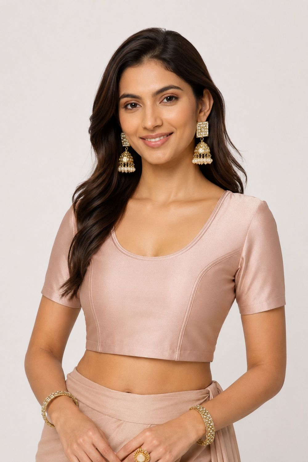 Naidu Hall Women’s Shimmer Knitted Saree Blouse | Silk Blend Round Neck Short Sleeve Ready to Wear Blouse | Regular Fit Solid Stretch Blouse for Sarees - Onion Shimmer