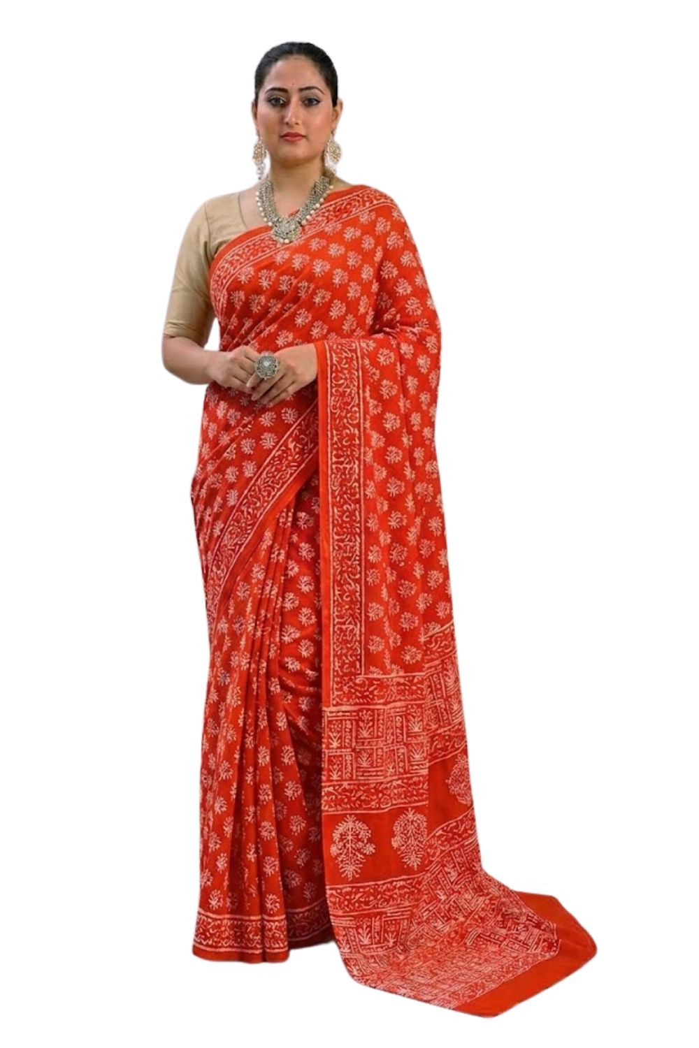 Naidu Hall Women's Orange Jaipur Print Cotton Blend Saree with Blouse | Lightweight Ethnic Wear Saree - WS07
