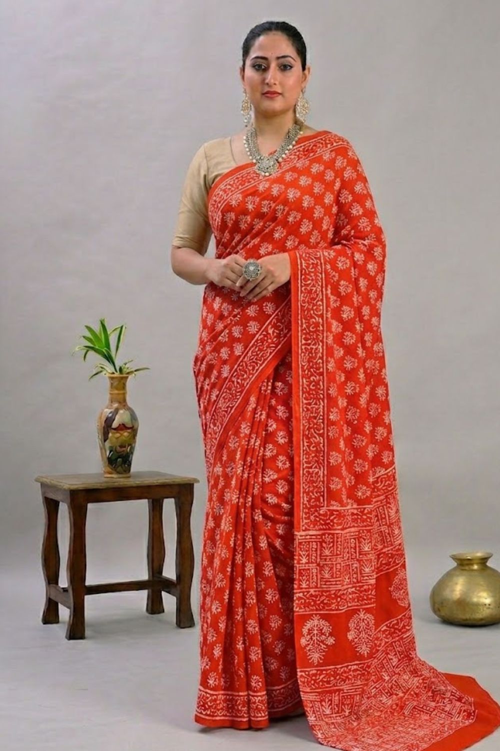 Naidu Hall Women's Orange Jaipur Print Cotton Blend Saree with Blouse | Lightweight Ethnic Wear Saree - WS07