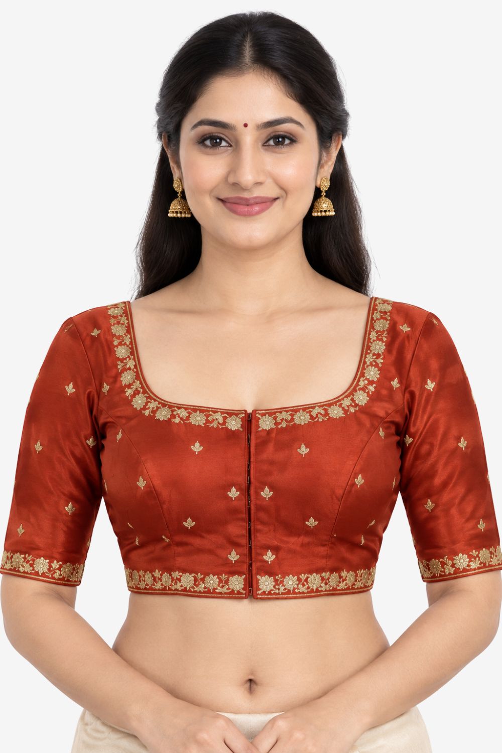 Women's Embroidery Silk Blend Saree Blouse with Round Neck Neckline and Elbow Sleeve - Regular | Ready-to-Wear Saree Blouse for Daily Wear, Festive Wear, Office Wear, Special Occasions - L566