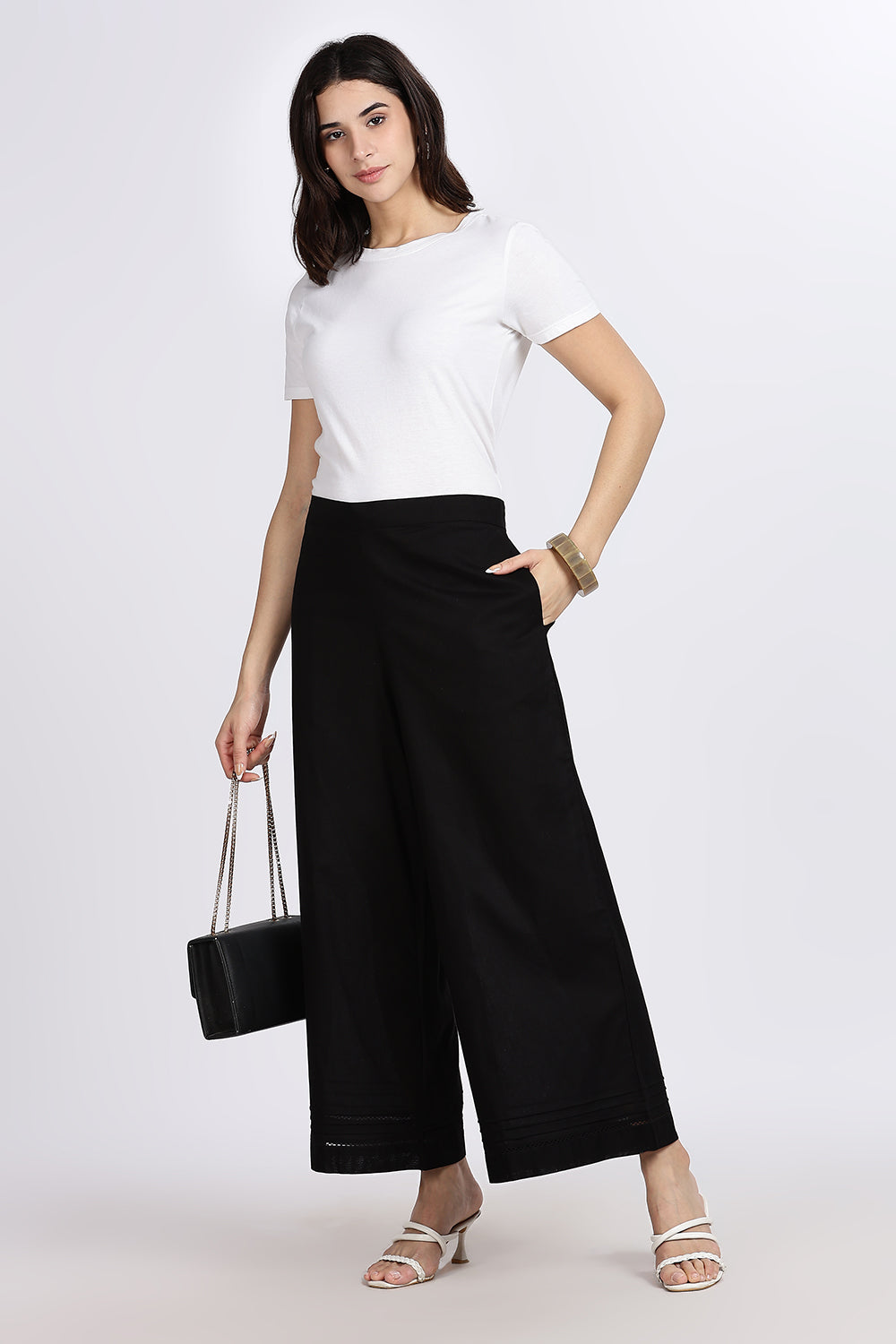 Mythri Women’s Wide-Leg Pant – Cotton Blend Everyday Wear with Pintuck and Lace Insert | Comfortable & Elegant - TD01