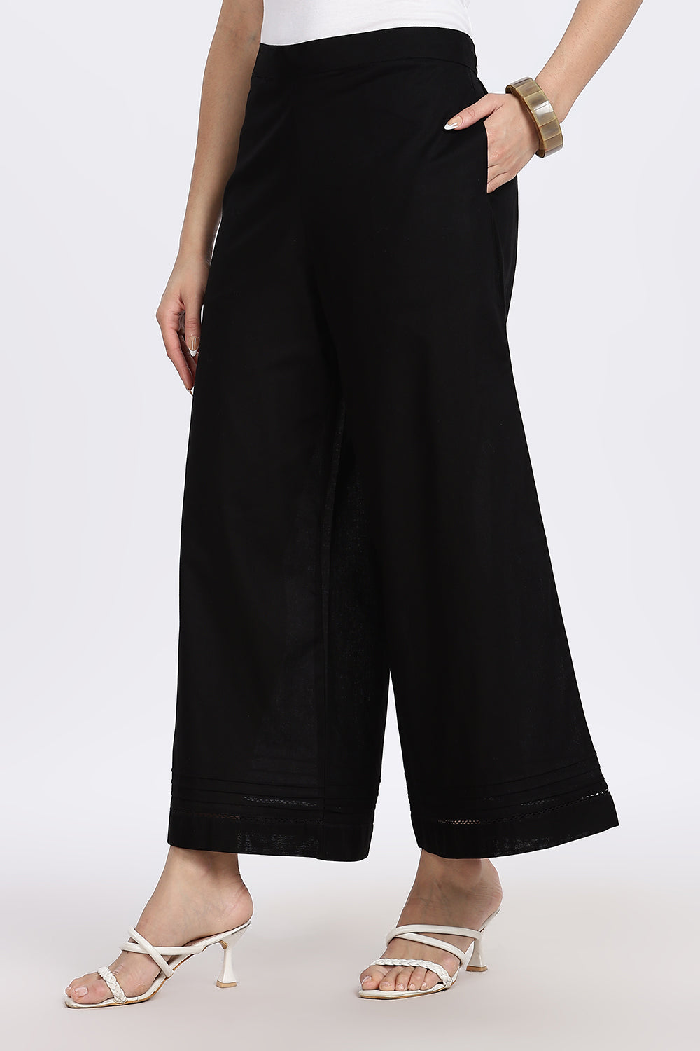 Mythri Women’s Wide-Leg Pant – Cotton Blend Everyday Wear with Pintuck and Lace Insert | Comfortable & Elegant - TD01