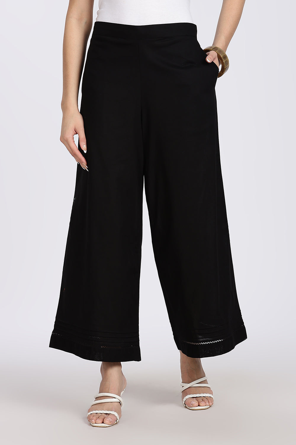 Mythri Women’s Wide-Leg Pant – Cotton Blend Everyday Wear with Pintuck and Lace Insert | Comfortable & Elegant - TD01