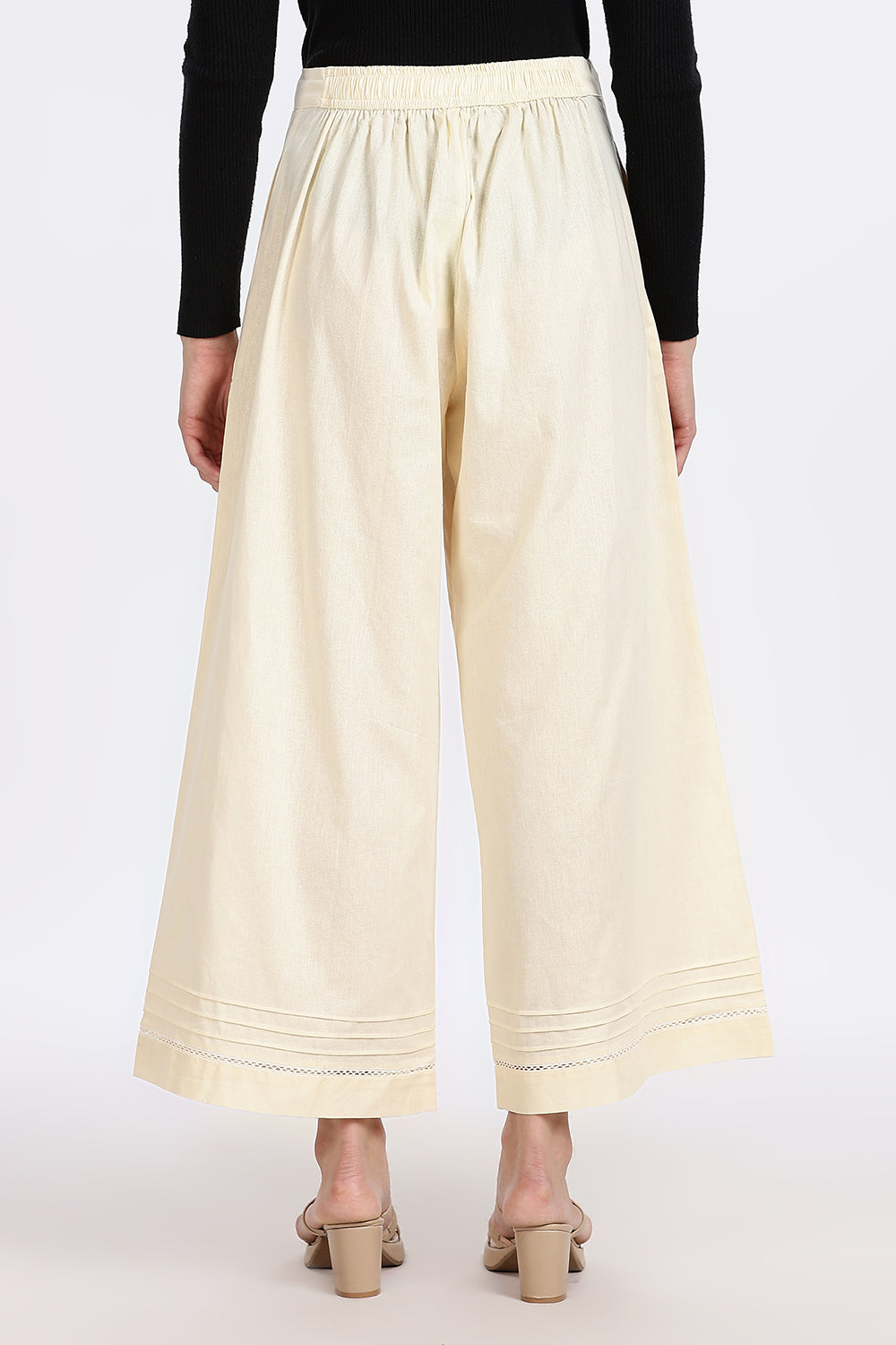 Mythri Women’s Wide-Leg Pant – Cotton Blend Everyday Wear with Pintuck and Lace Insert | Comfortable & Elegant - TD01