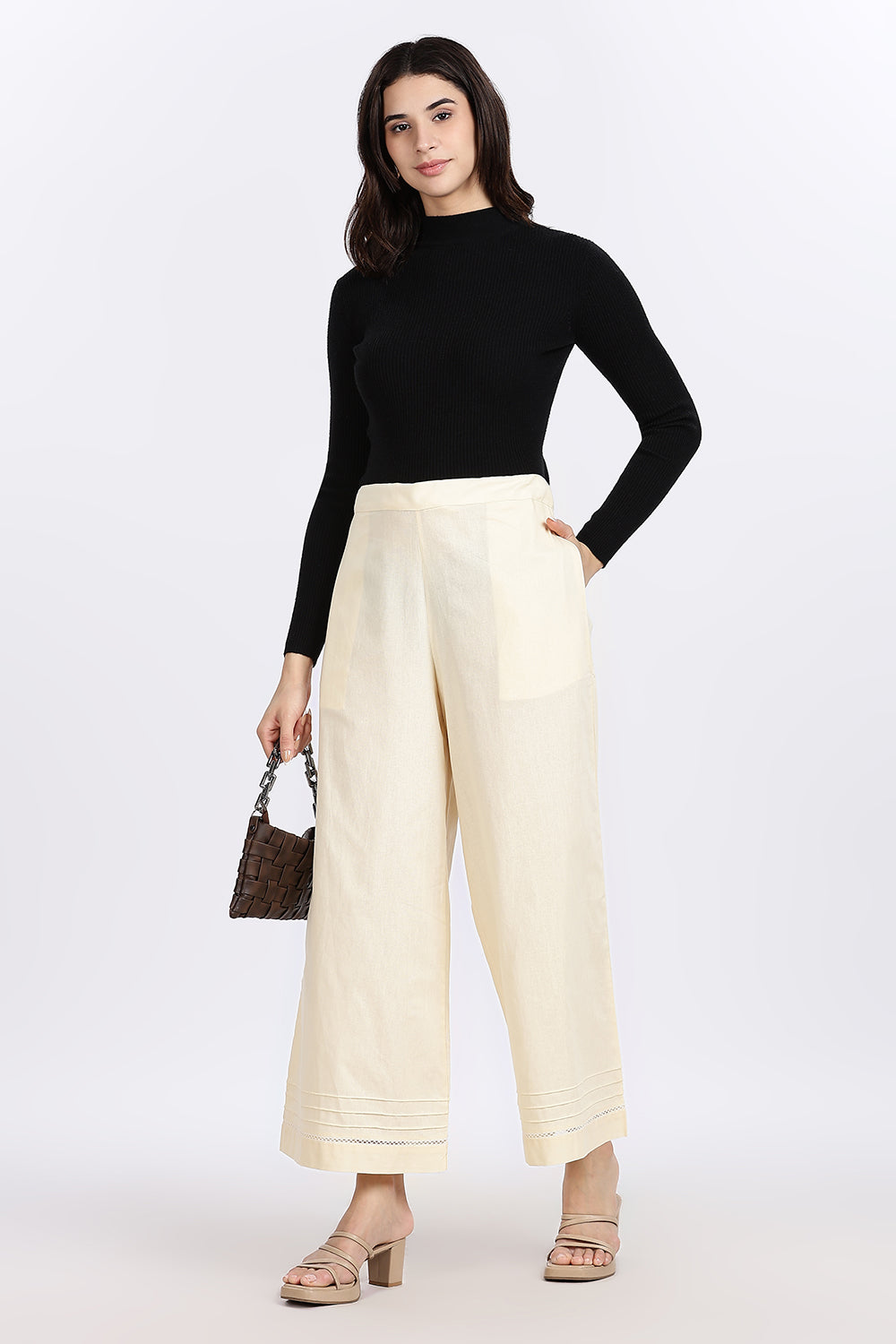 Mythri Women’s Wide-Leg Pant – Cotton Blend Everyday Wear with Pintuck and Lace Insert | Comfortable & Elegant - TD01