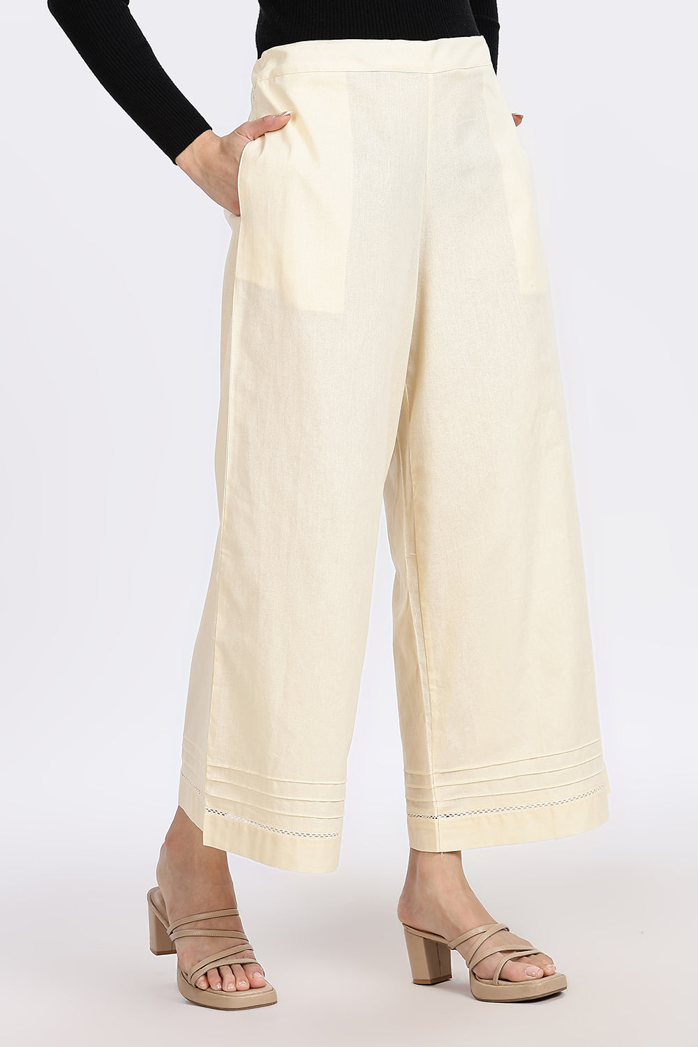 Mythri Women’s Wide-Leg Pant – Cotton Blend Everyday Wear with Pintuck and Lace Insert | Comfortable & Elegant - TD01