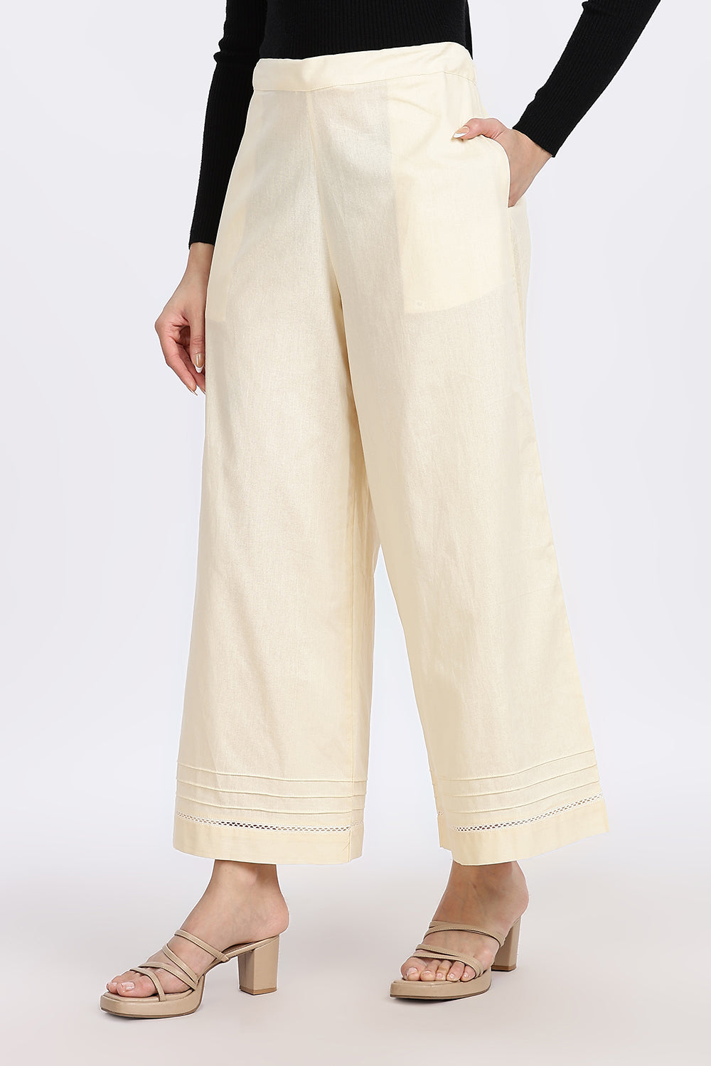 Mythri Women’s Wide-Leg Pant – Cotton Blend Everyday Wear with Pintuck and Lace Insert | Comfortable & Elegant - TD01