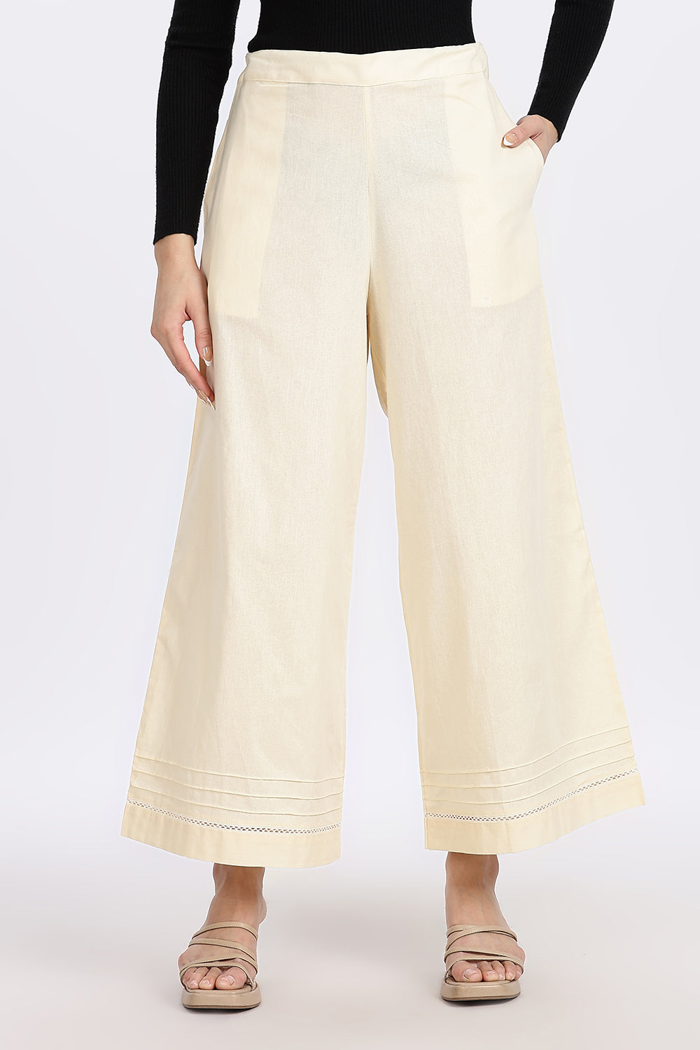 Mythri Women’s Wide-Leg Pant – Cotton Blend Everyday Wear with Pintuck and Lace Insert | Comfortable & Elegant - TD01