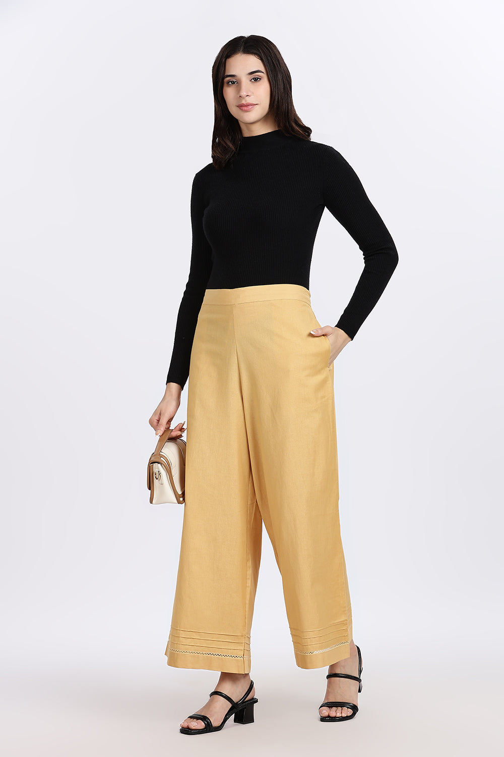 Mythri Women’s Wide-Leg Pant – Cotton Blend Everyday Wear with Pintuck and Lace Insert | Comfortable & Elegant - TD01