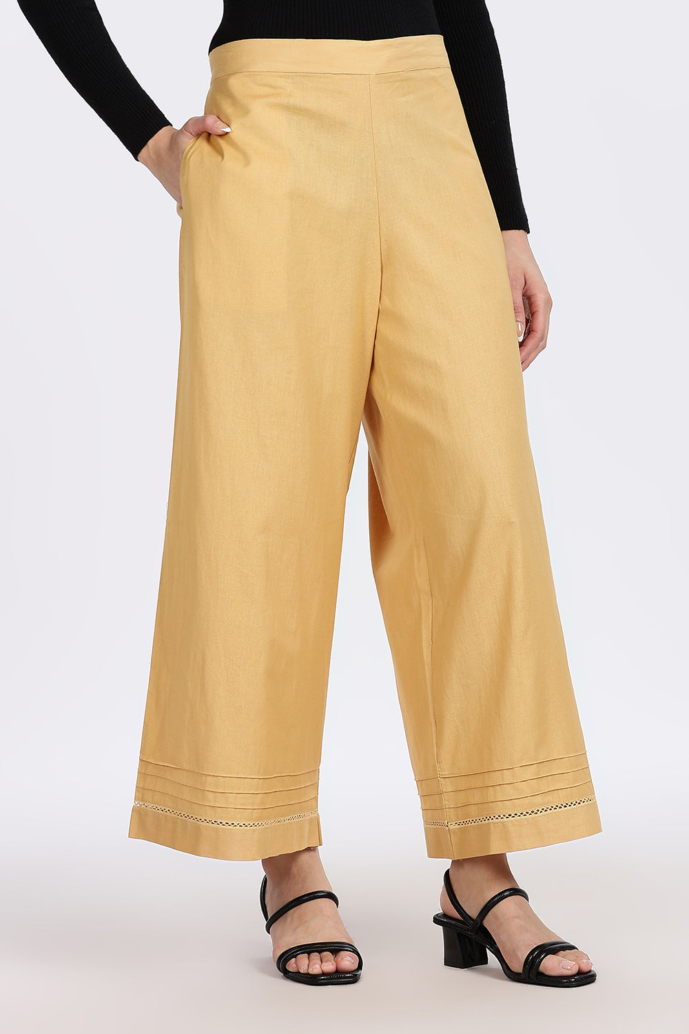 Mythri Women’s Wide-Leg Pant – Cotton Blend Everyday Wear with Pintuck and Lace Insert | Comfortable & Elegant - TD01