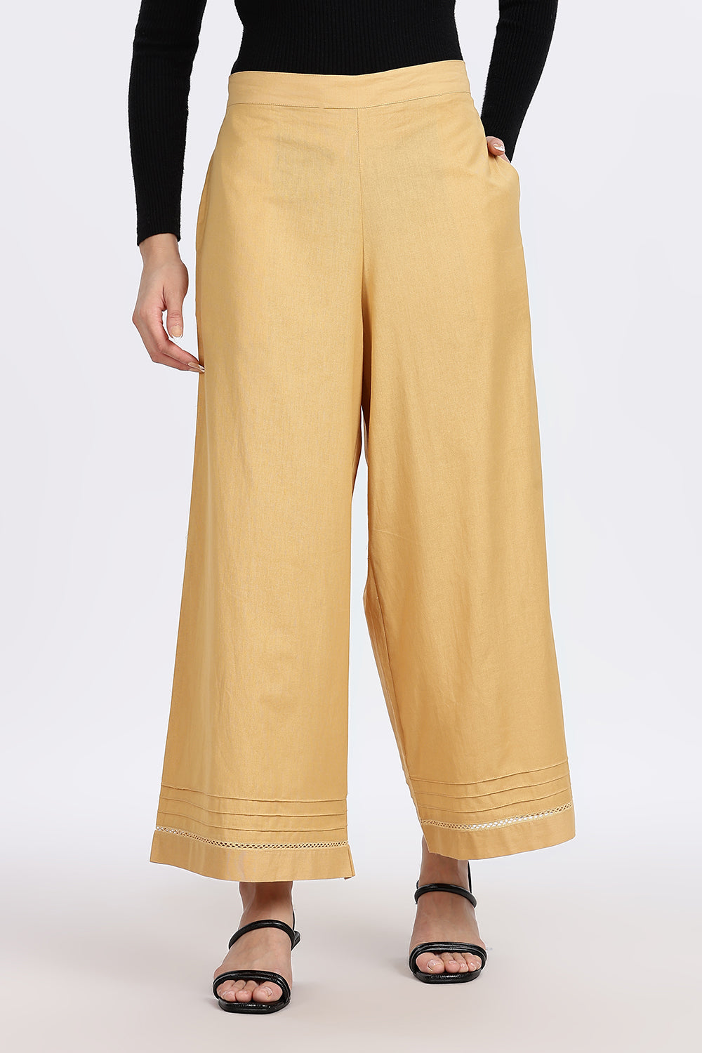 Mythri Women’s Wide-Leg Pant – Cotton Blend Everyday Wear with Pintuck and Lace Insert | Comfortable & Elegant - TD01