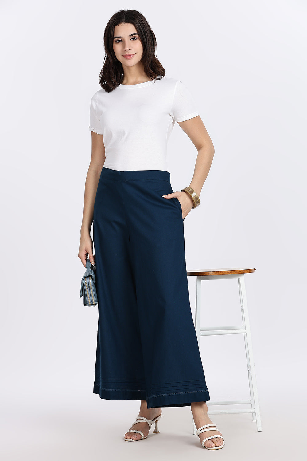 Mythri Women’s Wide-Leg Pant – Cotton Blend Everyday Wear with Pintuck and Lace Insert | Comfortable & Elegant - TD01