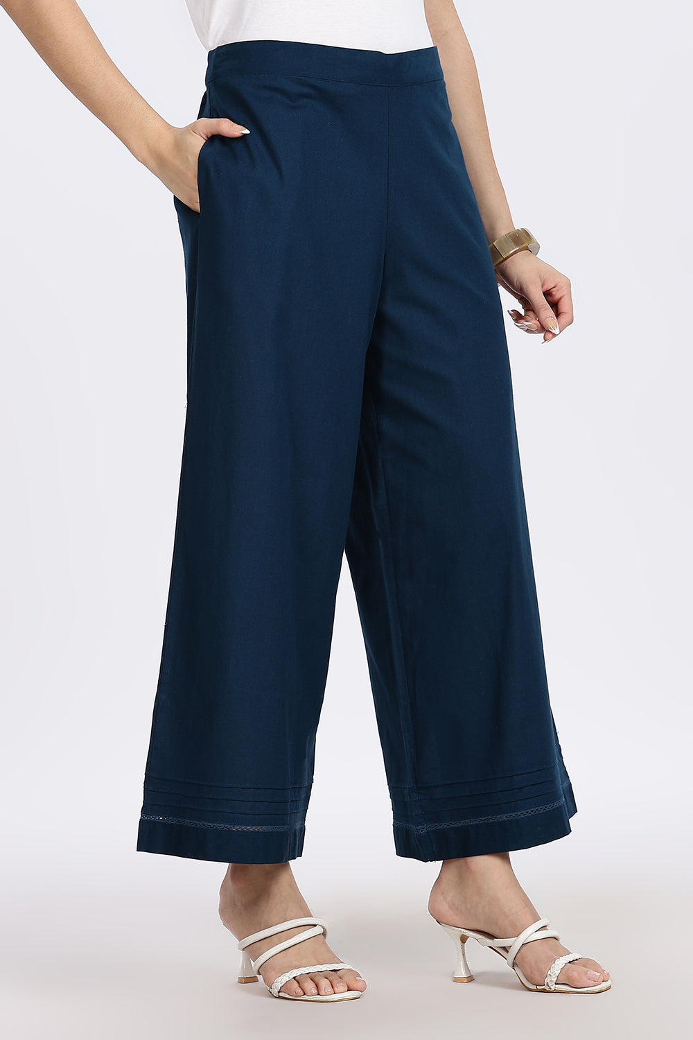 Mythri Women’s Wide-Leg Pant – Cotton Blend Everyday Wear with Pintuck and Lace Insert | Comfortable & Elegant - TD01