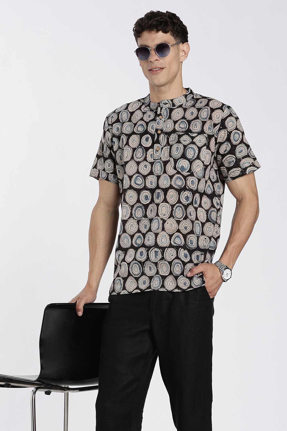 Enhance Men’s Cotton Short Kurta – Printed Casual Kurta with Mandarin Collar & Pocket | Everyday Wear Kurtha - Black - P1KU09