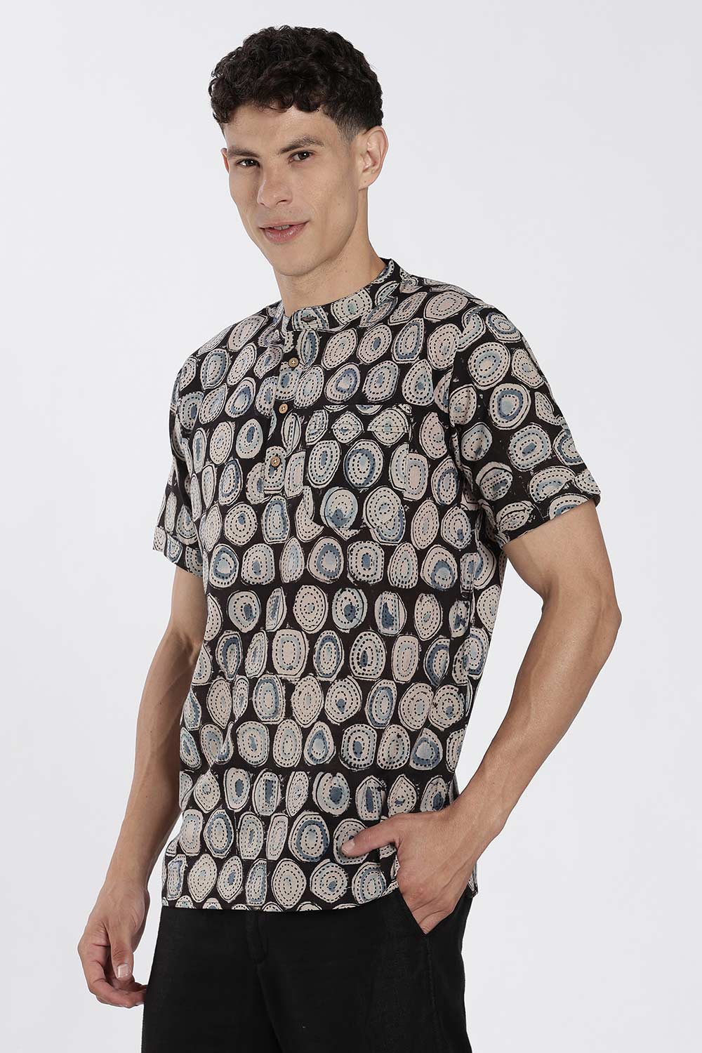 Enhance Men’s Cotton Short Kurta – Printed Casual Kurta with Mandarin Collar & Pocket | Everyday Wear Kurtha - Black - P1KU09