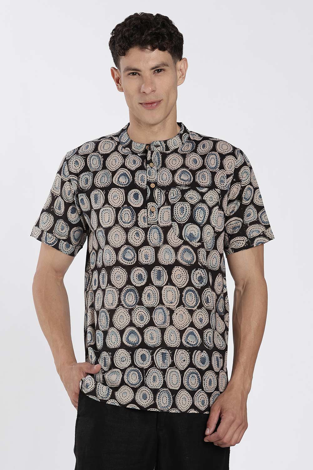 Enhance Men’s Cotton Short Kurta – Printed Casual Kurta with Mandarin Collar & Pocket | Everyday Wear Kurtha - Black - P1KU09