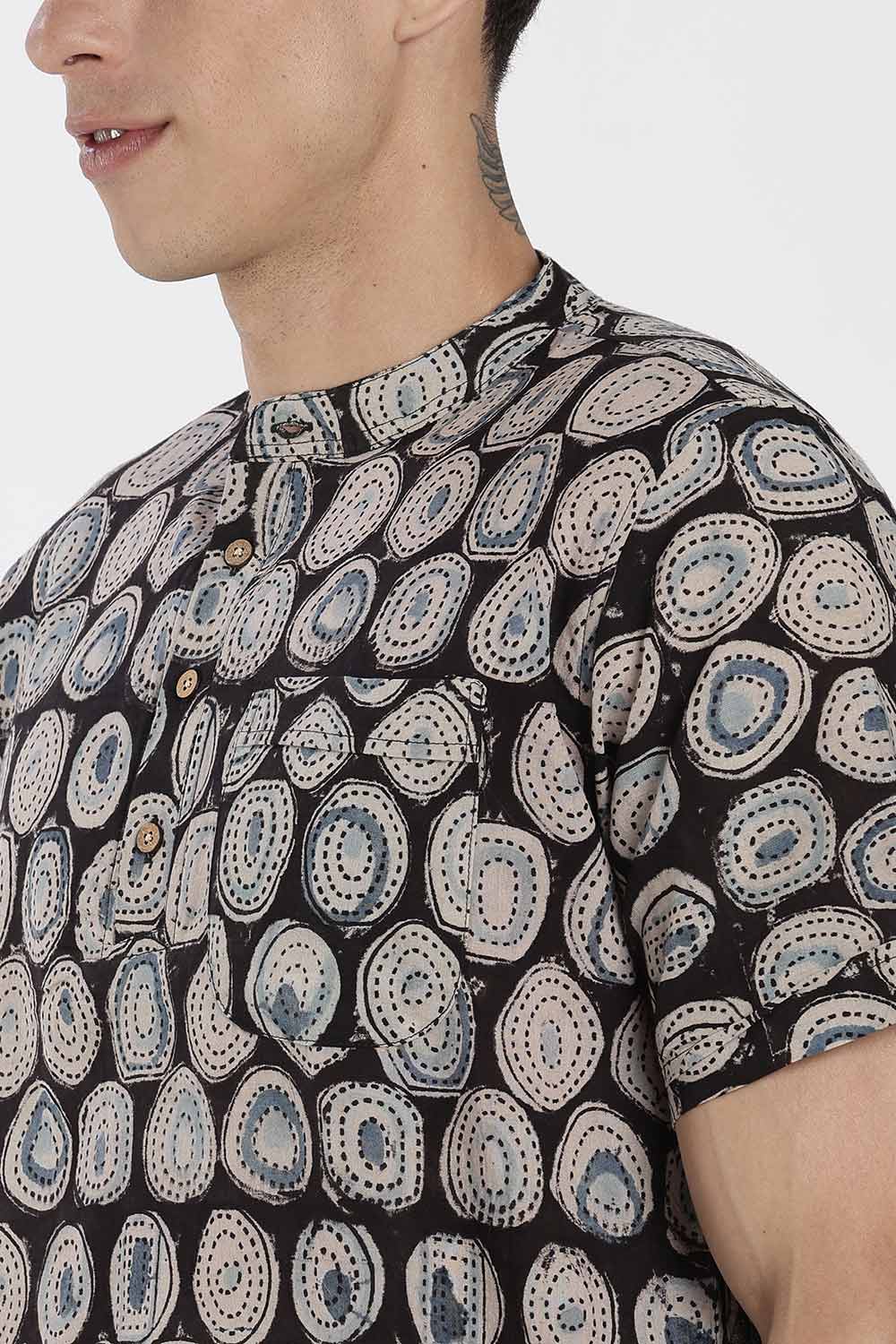 Enhance Men’s Cotton Short Kurta – Printed Casual Kurta with Mandarin Collar & Pocket | Everyday Wear Kurtha - Black - P1KU09