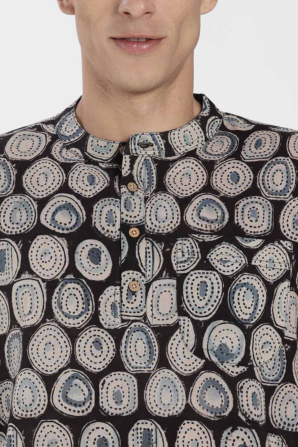 Enhance Men’s Cotton Short Kurta – Printed Casual Kurta with Mandarin Collar & Pocket | Everyday Wear Kurtha - Black - P1KU09