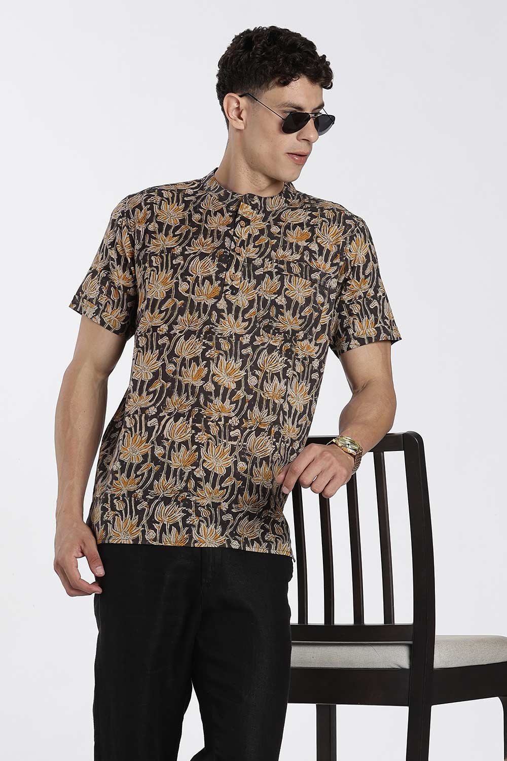 Enhance Men’s Cotton Short Kurta – Printed Casual Kurta with Mandarin Collar & Pocket | Everyday Wear Kurtha - Black - P2KU09