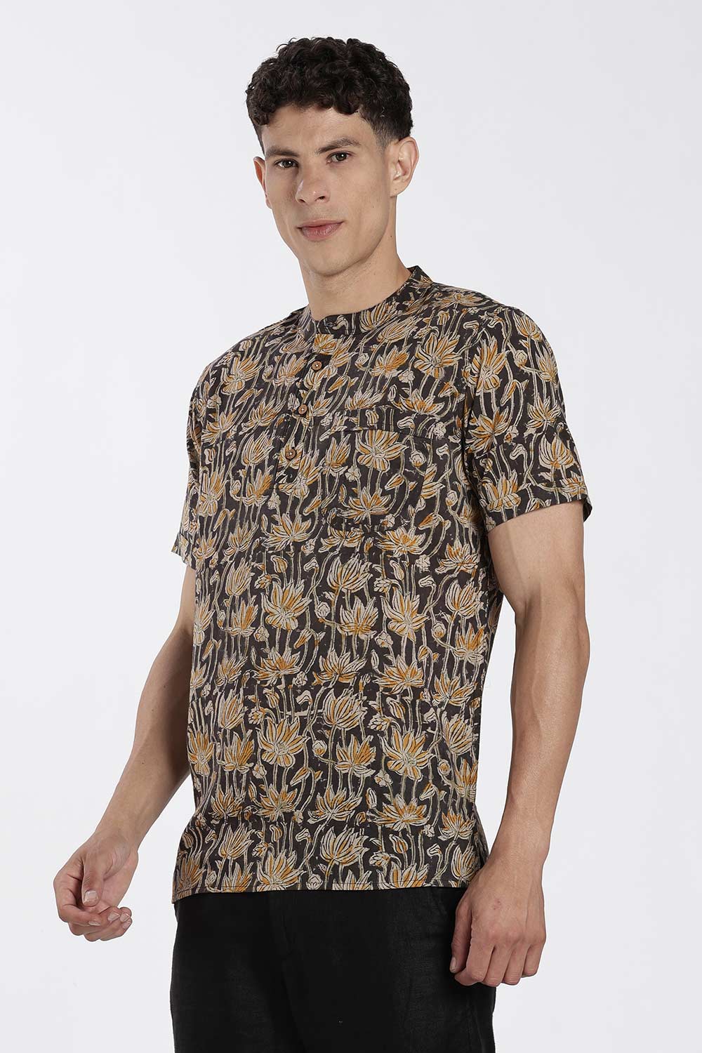 Enhance Men’s Cotton Short Kurta – Printed Casual Kurta with Mandarin Collar & Pocket | Everyday Wear Kurtha - Black - P2KU09