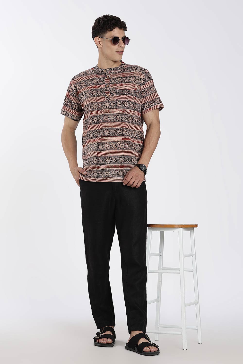 Enhance Men’s Cotton Short Kurta – Printed Casual Kurta with Mandarin Collar & Pocket | Everyday Wear Kurtha - Grey - KU09