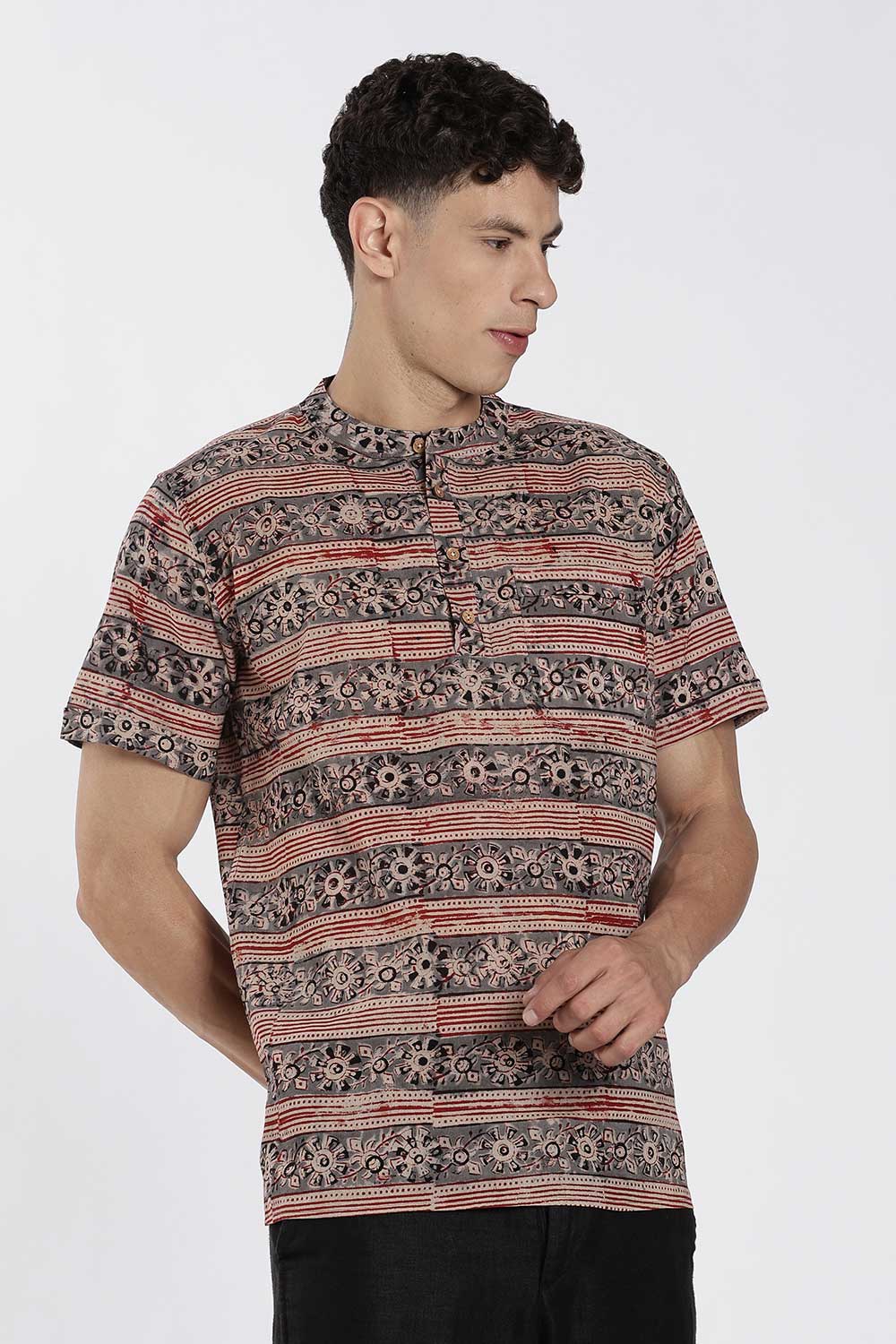 Enhance Men’s Cotton Short Kurta – Printed Casual Kurta with Mandarin Collar & Pocket | Everyday Wear Kurtha - Grey - KU09
