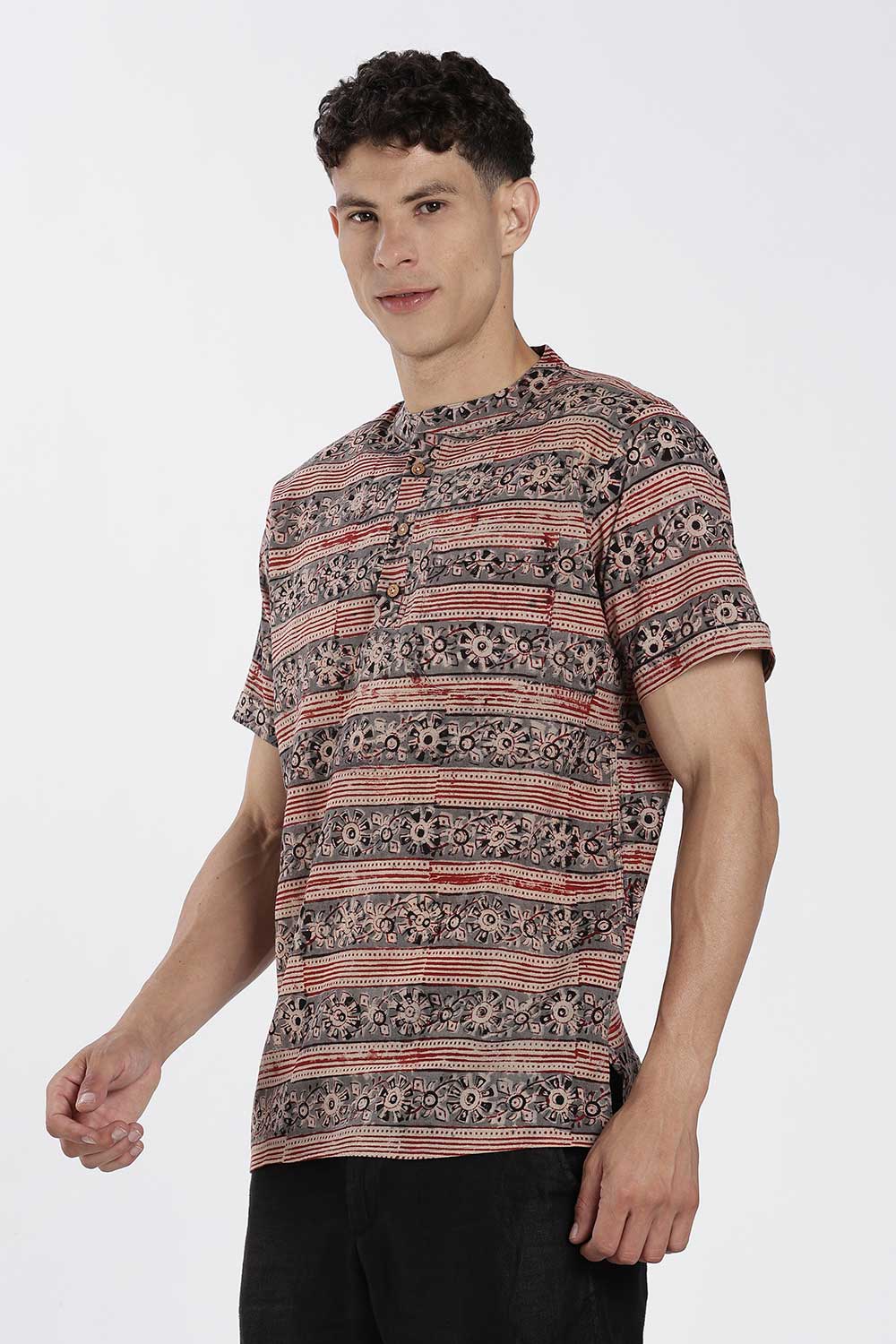 Enhance Men’s Cotton Short Kurta – Printed Casual Kurta with Mandarin Collar & Pocket | Everyday Wear Kurtha - Grey - KU09
