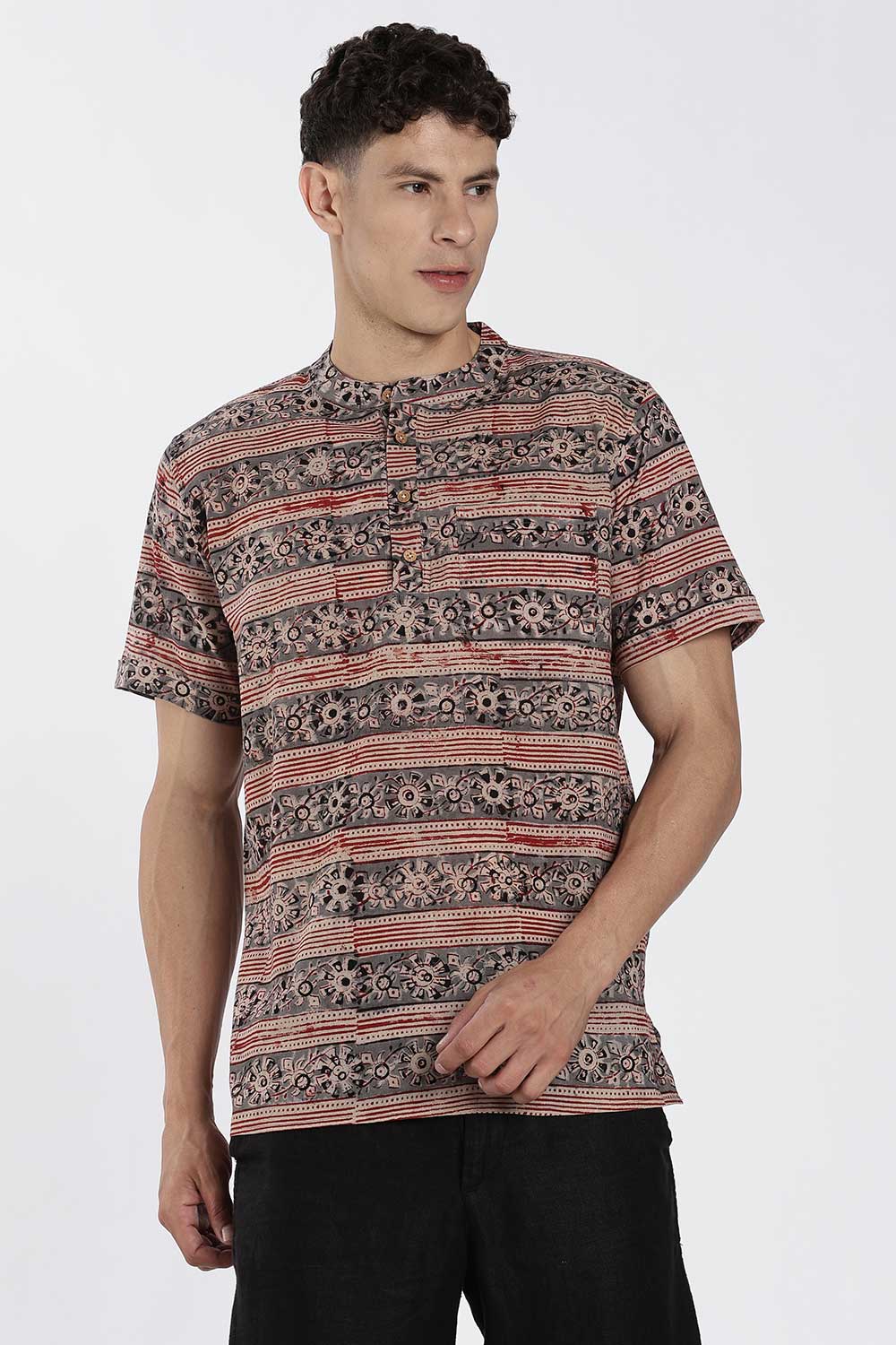 Enhance Men’s Cotton Short Kurta – Printed Casual Kurta with Mandarin Collar & Pocket | Everyday Wear Kurtha - Grey - KU09