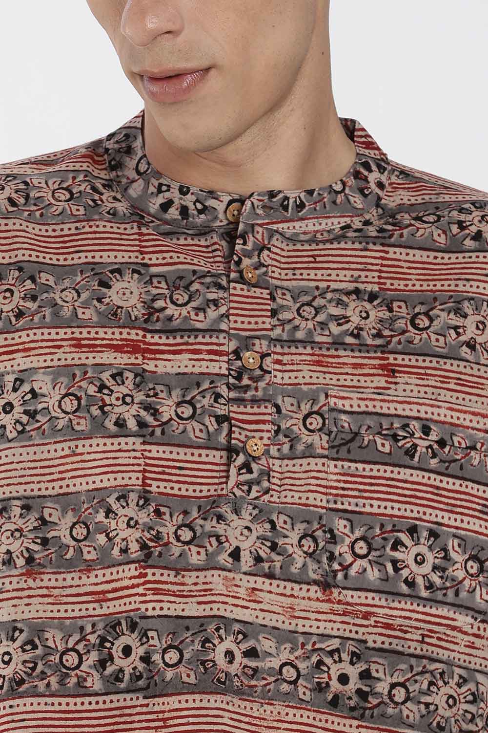 Enhance Men’s Cotton Short Kurta – Printed Casual Kurta with Mandarin Collar & Pocket | Everyday Wear Kurtha - Grey - KU09