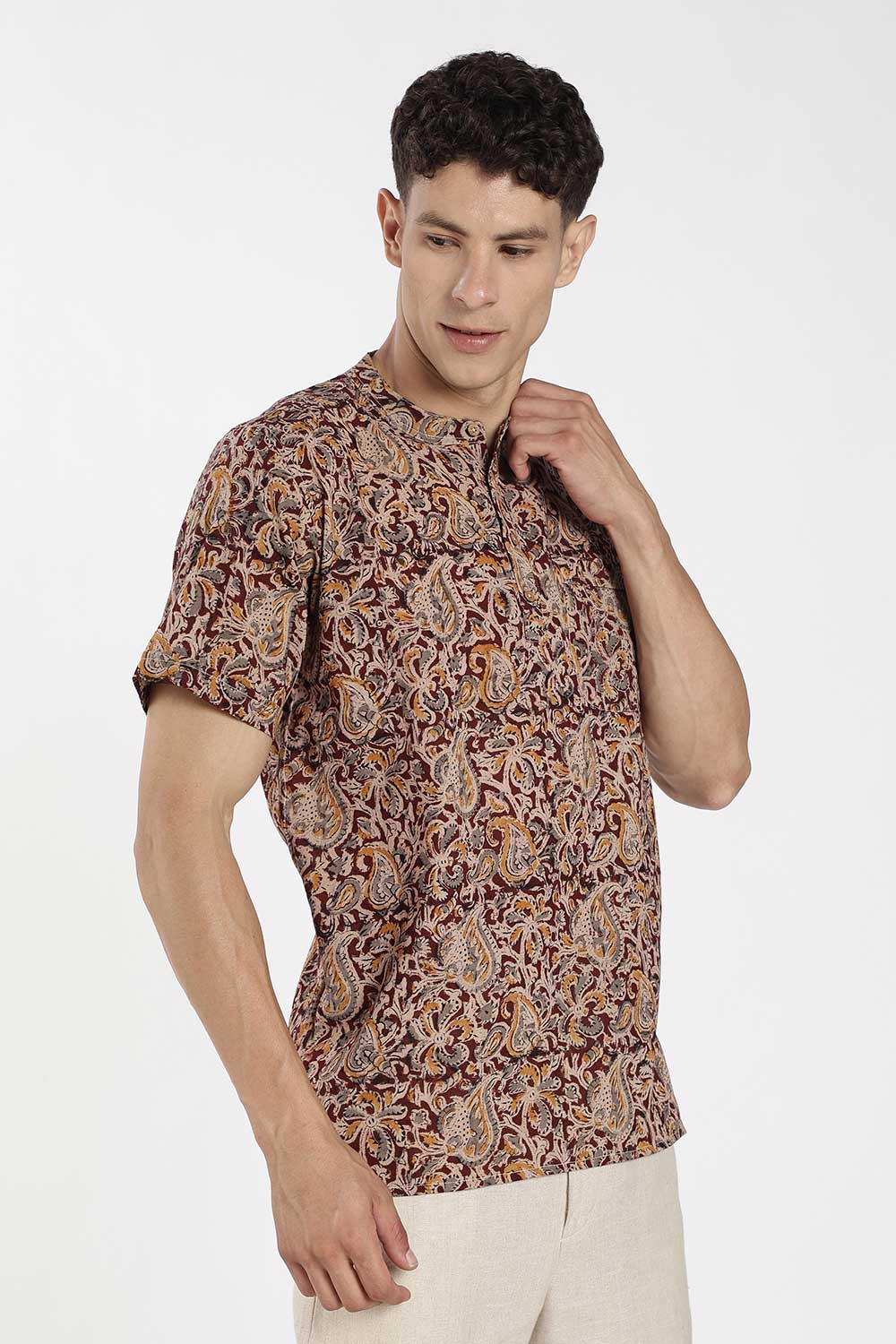 Enhance Men’s Cotton Short Kurta – Printed Casual Kurta with Mandarin Collar & Pocket | Everyday Wear Kurtha - Maroon - P5KU09