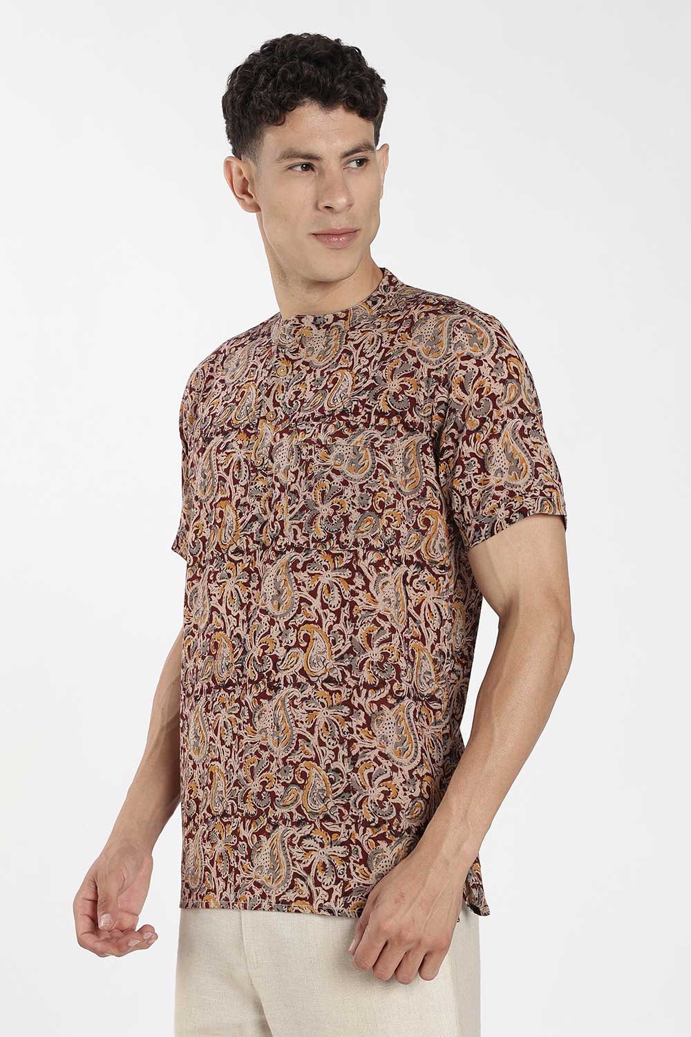 Enhance Men’s Cotton Short Kurta – Printed Casual Kurta with Mandarin Collar & Pocket | Everyday Wear Kurtha - Maroon - P5KU09