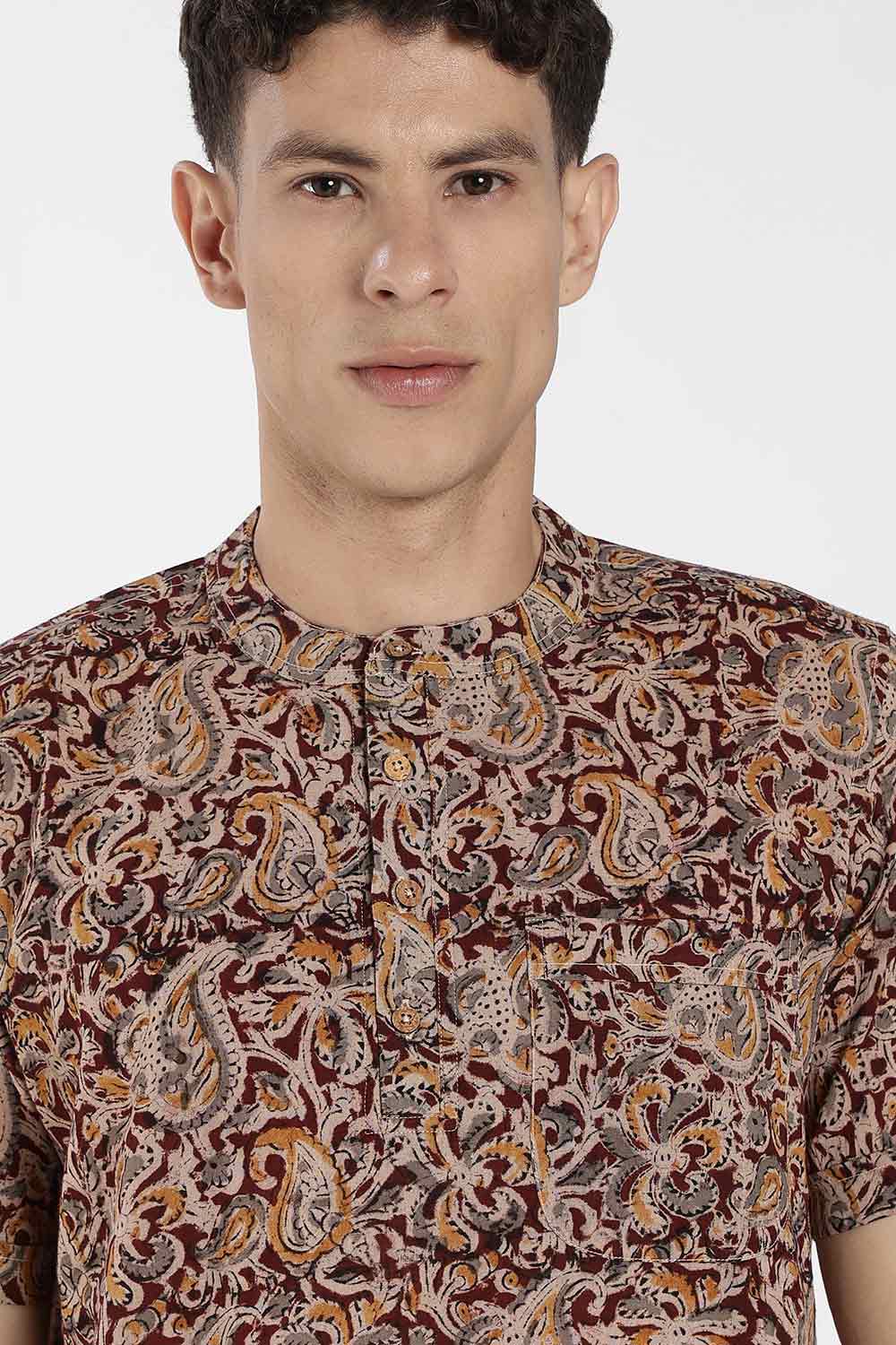 Enhance Men’s Cotton Short Kurta – Printed Casual Kurta with Mandarin Collar & Pocket | Everyday Wear Kurtha - Maroon - P5KU09