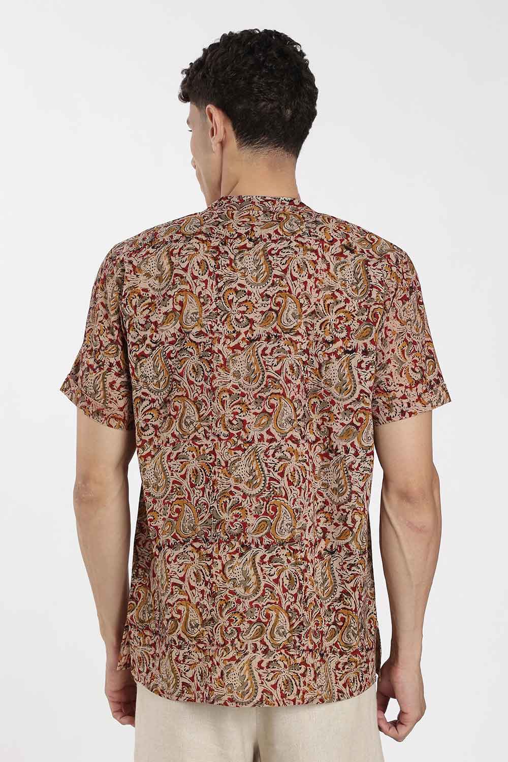 Enhance Men’s Cotton Short Kurta – Printed Casual Kurta with Mandarin Collar & Pocket | Everyday Wear Kurtha - Red - KU09