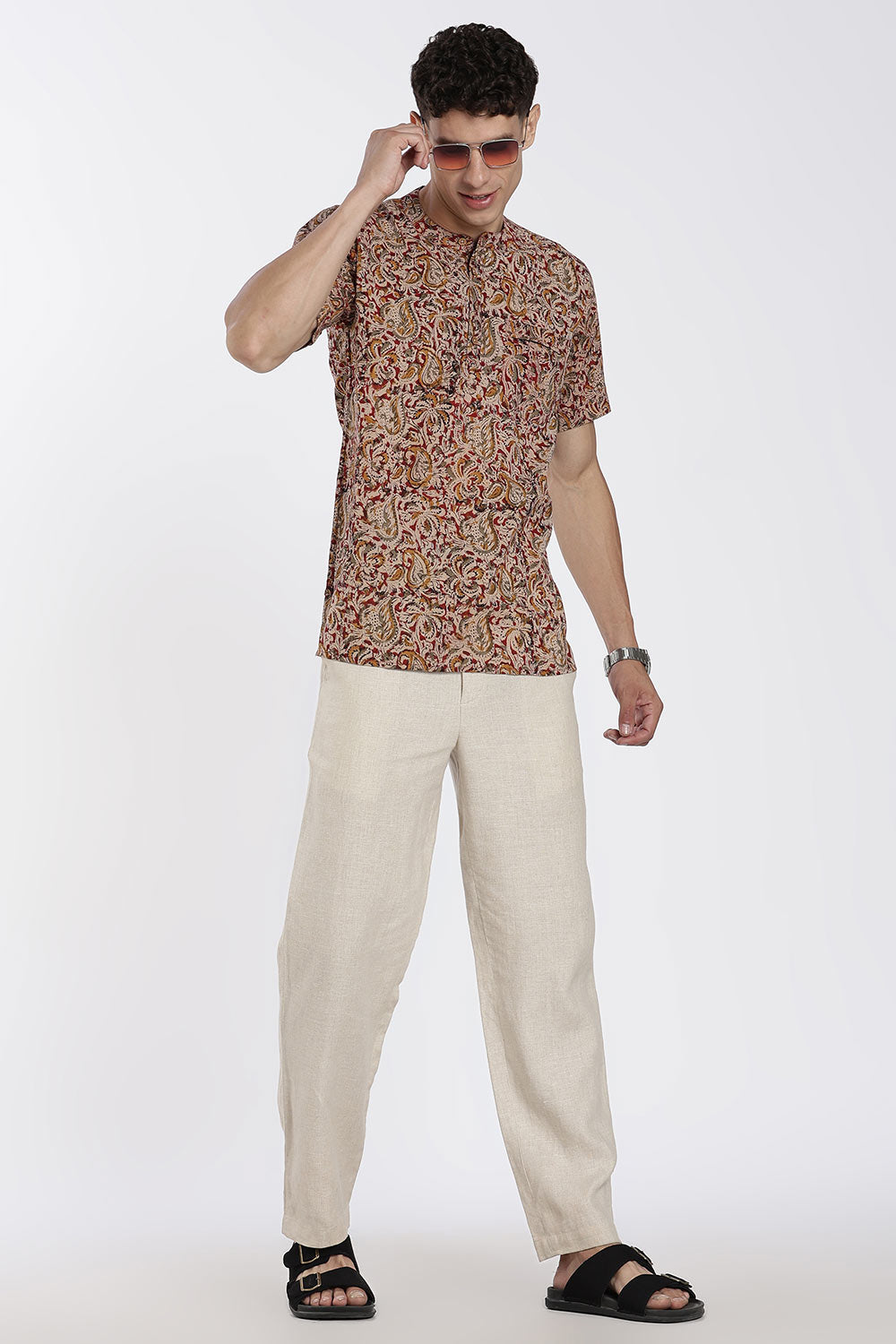 Enhance Men’s Cotton Short Kurta – Printed Casual Kurta with Mandarin Collar & Pocket | Everyday Wear Kurtha - Red - KU09