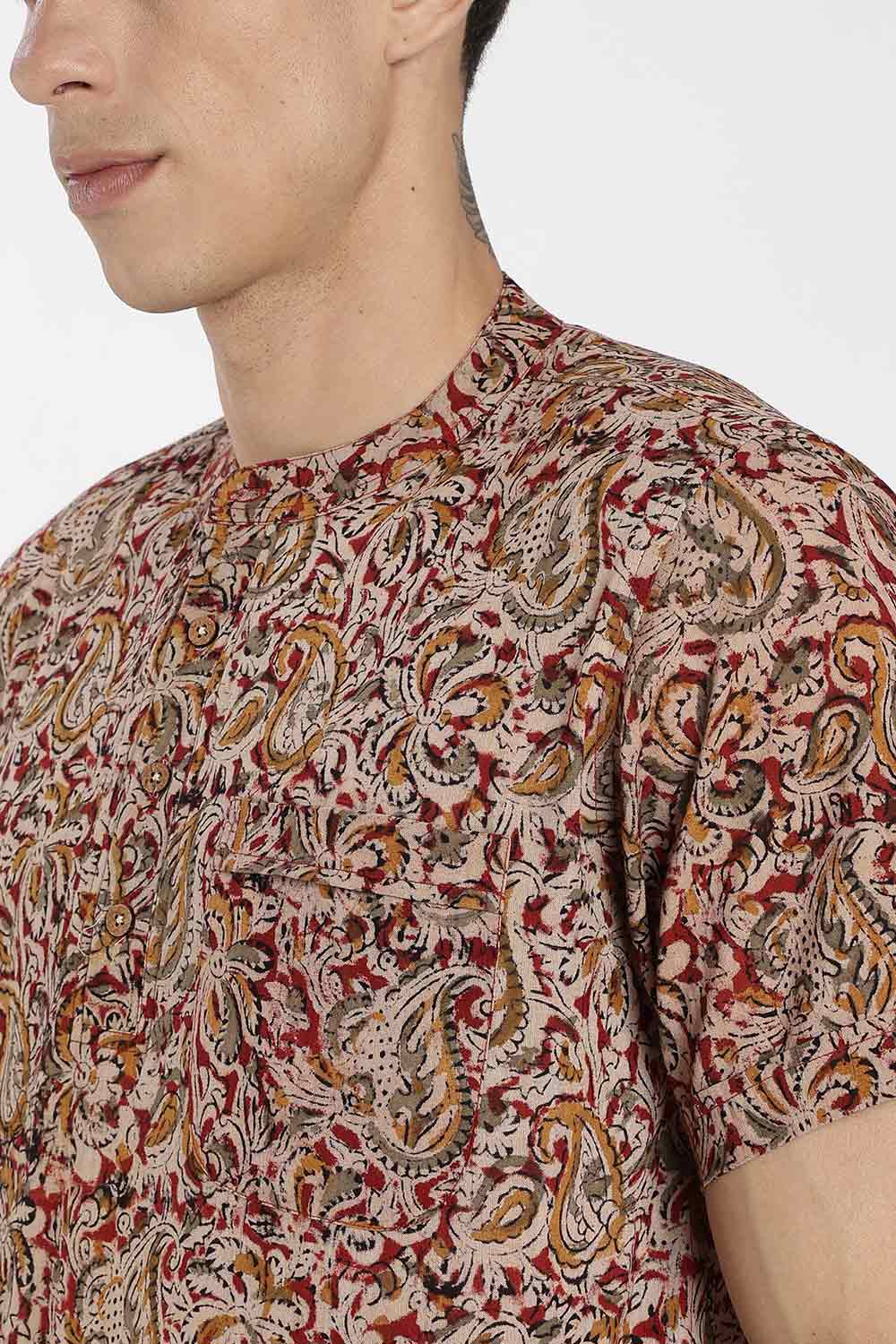 Enhance Men’s Cotton Short Kurta – Printed Casual Kurta with Mandarin Collar & Pocket | Everyday Wear Kurtha - Red - KU09