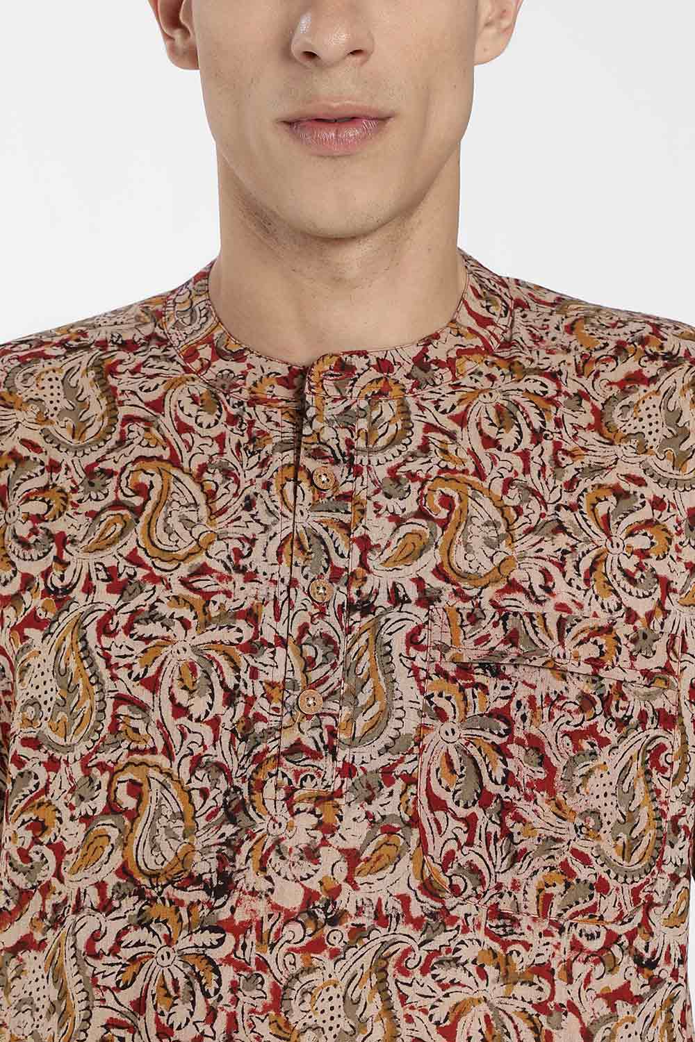 Enhance Men’s Cotton Short Kurta – Printed Casual Kurta with Mandarin Collar & Pocket | Everyday Wear Kurtha - Red - KU09