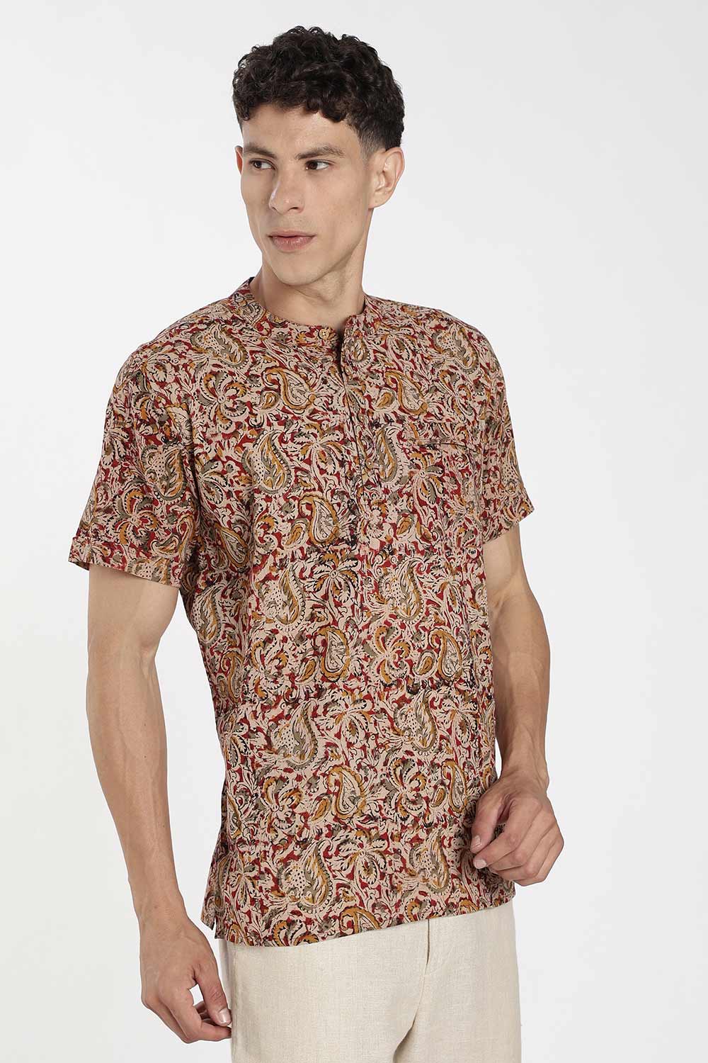 Enhance Men’s Cotton Short Kurta – Printed Casual Kurta with Mandarin Collar & Pocket | Everyday Wear Kurtha - Red - KU09