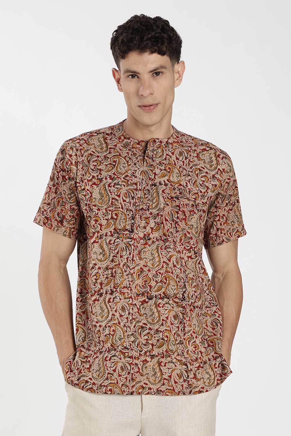 Enhance Men’s Cotton Short Kurta – Printed Casual Kurta with Mandarin Collar & Pocket | Everyday Wear Kurtha - Red - KU09